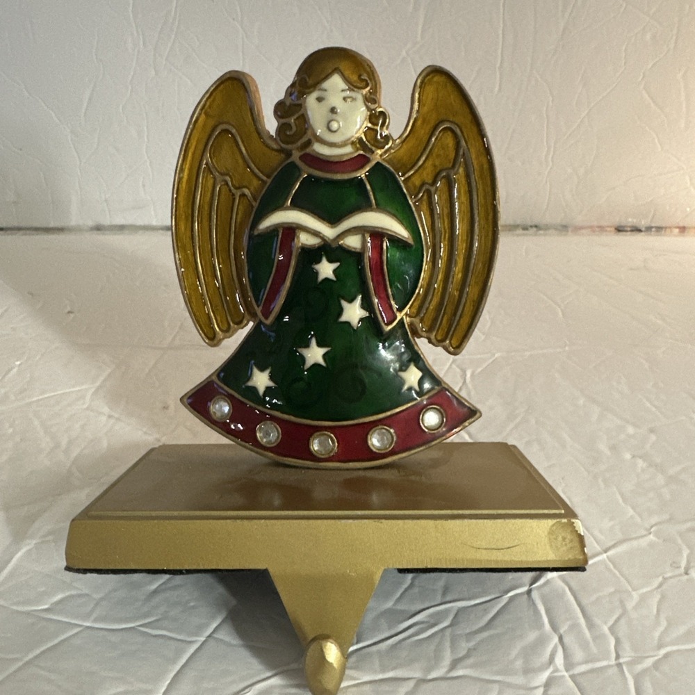 Enamel Angel Stocking Holder Weighted Metal Christmas Holiday Mantle Decor Gift
